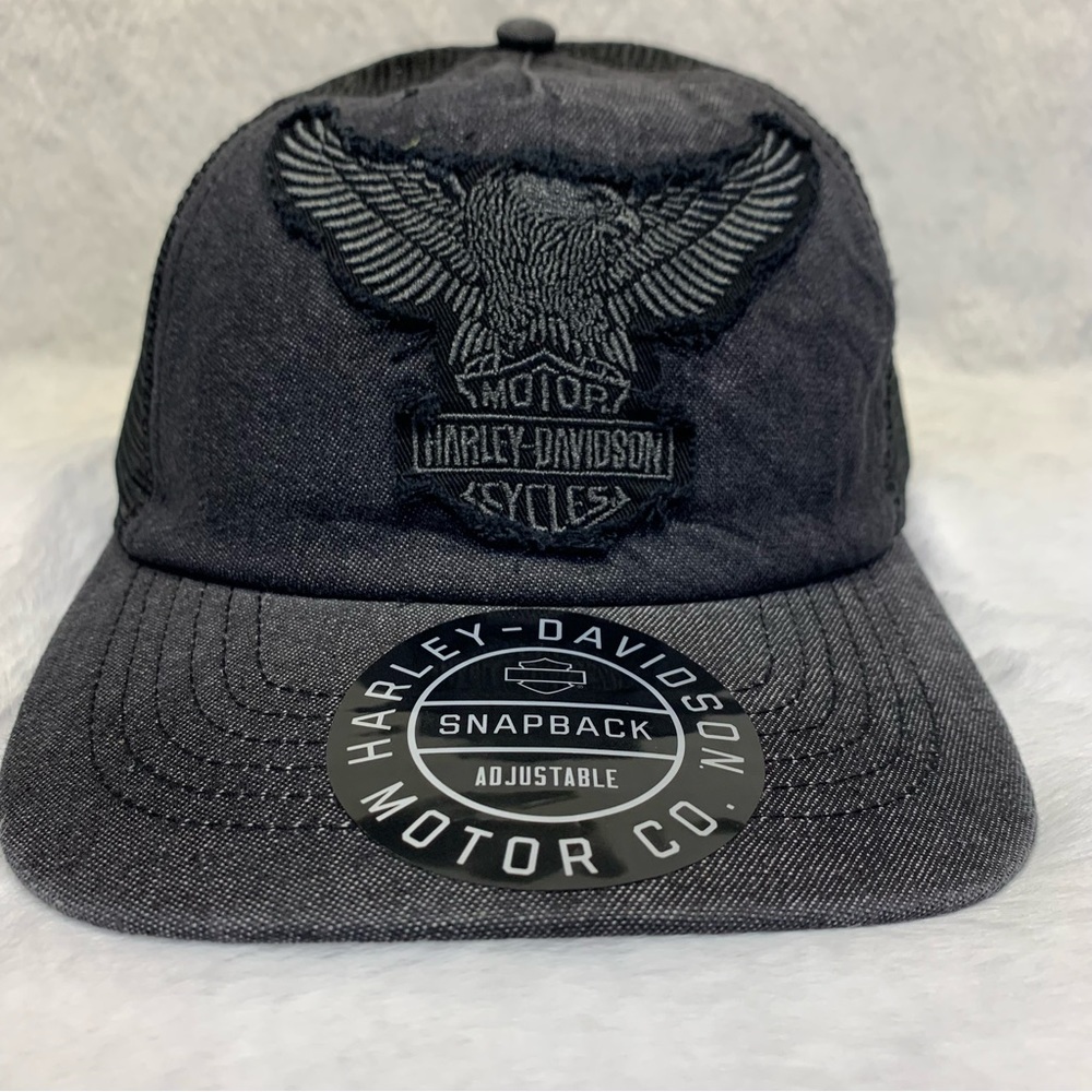 Harley Davidson Trucker Hat Cap Snap Back Black Denim Logo Patch Adjustable Mesh